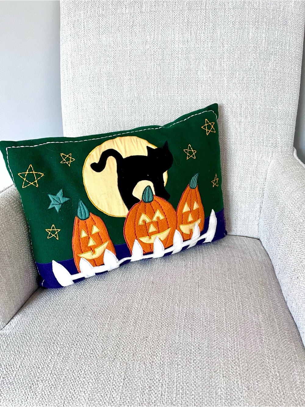 Handmade Halloween Felt Appliqué Pillow, Vintage Spooky Cat & Jack-O-Lantern